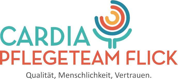 Cardia Pflegeteam Flick Logo. Slogan: Qualität, Menschlichkeit, Vertrauen